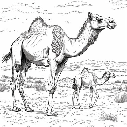 Camel mother and calf walking together in the desert