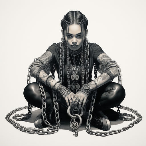 Woman by chains: tattoo celestial symmetry