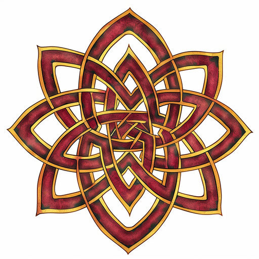 Vintage-style Celtic knot tattoo with deep red and gold colors, elegantly placed on a white background.