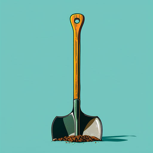 Realistic depiction of a shovel on a flat turquoise surface
