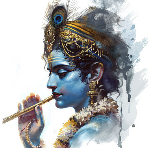 Krishna clipart in photorealistic style with flat white background, enhanced by dynamic shadows and vibrant highlights