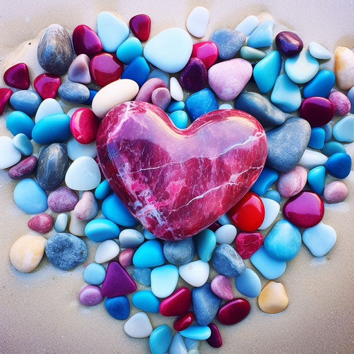Heart with pebbles next to the beach and ocean