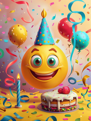 Joyful celebration with birthday hat emoji and cake