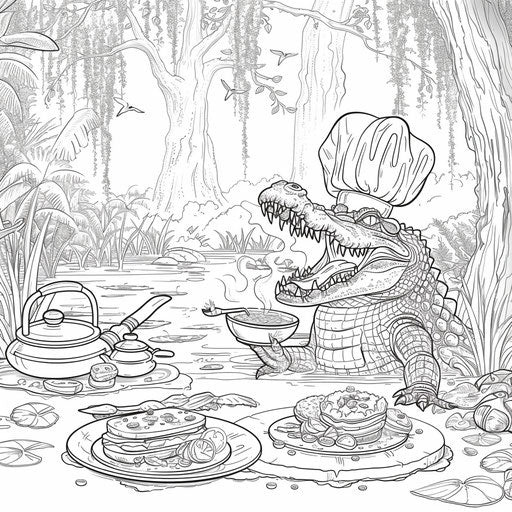Whimsical alligator chef cooks up a feast in the swamp