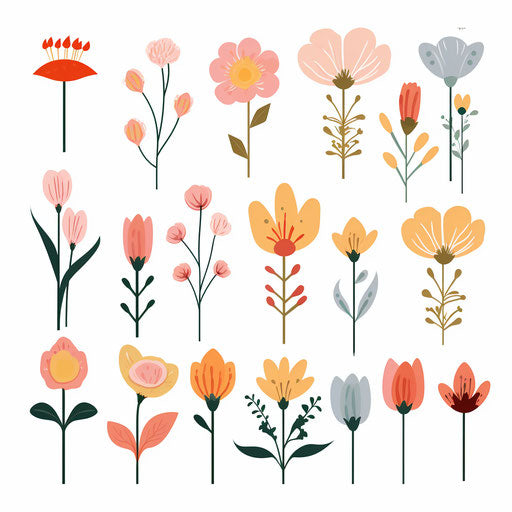 Spring flowers clipart in Minimalist style on white background