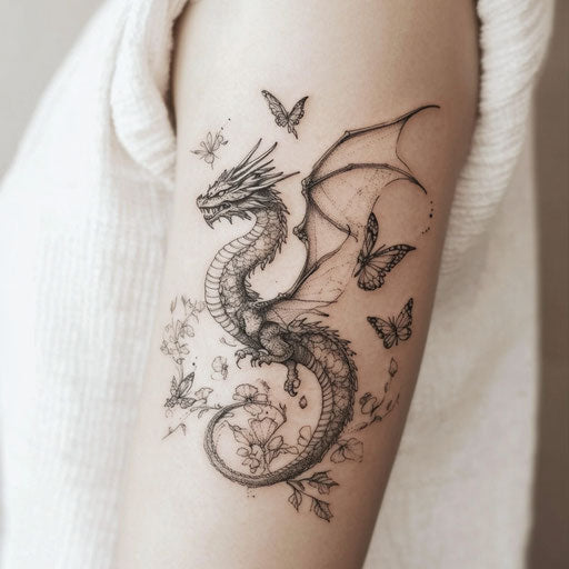 Dragon arm tattoo surrounded by butterflies and floral patterns