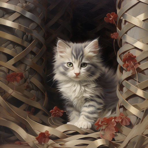 Grey kitten with a scratch pile in its cage