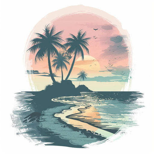 Flat tattoo sketch of serene beach scene in pastel tones