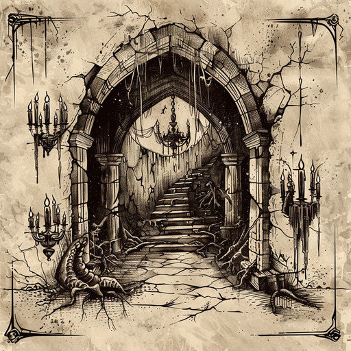 Flat sketch of a vampire's crypt with Gothic arches and spooky ambiance
