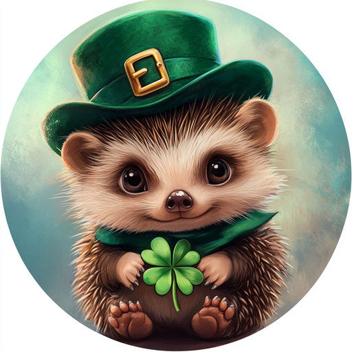 St. Patrick's Day, cute baby hedgehog dressed in green with clover and leprechaun hat