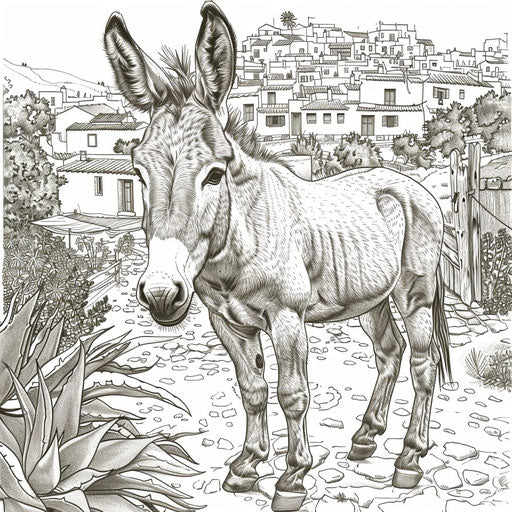 Detailed artistic drawing of a donkey in a Mediterranean village