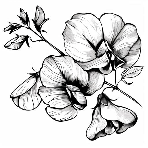 Dynamic tattoo sketch of blooming sweet pea in clipart style