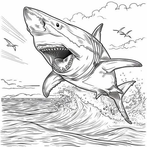 Great white shark leaping: detailed coloring book page