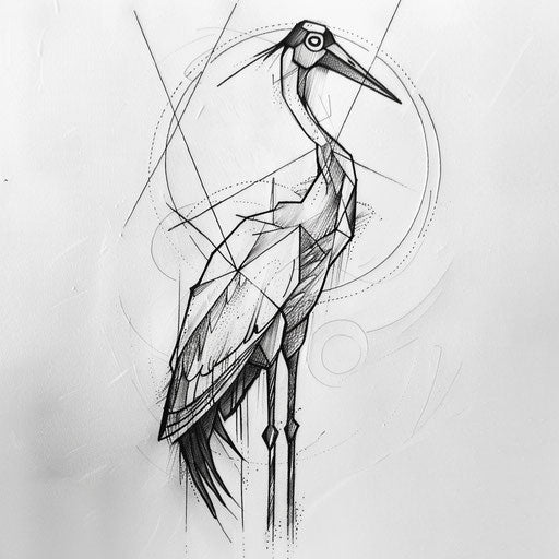 Graphic tattoo sketch of an oriental crane