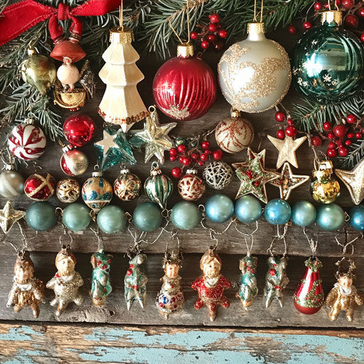 A border of antique Christmas ornaments with a touch of nostalgia