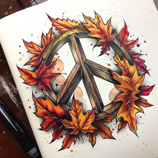 Seasonal peace tattoo sketch with a peace sign incorporating autumn leaves and warm, rich colors