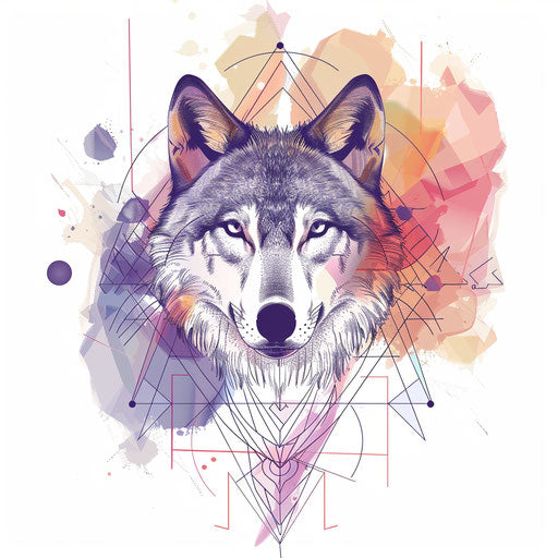Geometric wolf tattoo sketch with soft pastel tones