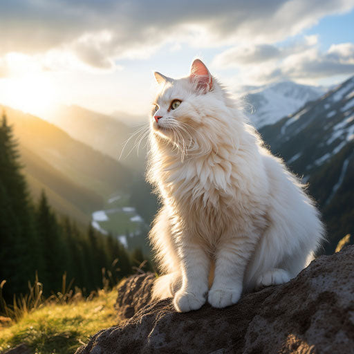 White cat in front of mountain view