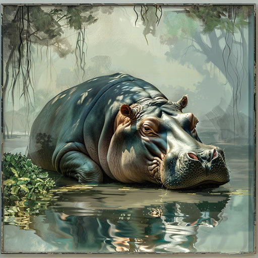 Hippopotamus clipart in photorealistic style with a flat random background, ethereal glow and soft edges