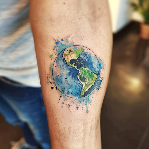 Watercolor effect in a flat tattoo sketch of Earth