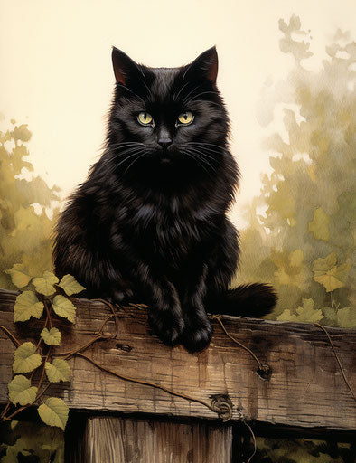 Black cat sitting on a stone fence, suspended, elegant