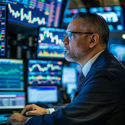 Financial charts analysis by trader on busy trading floor