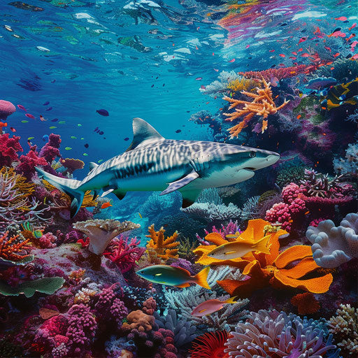 Tiger shark in a colorful coral garden