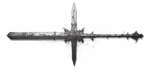 Black and white illustration of a sword, detailed cross-hatching style, simplistic characters, 1970-present, princecore, fantasy illustrated, clean and sharp inking, anglocore 2:1