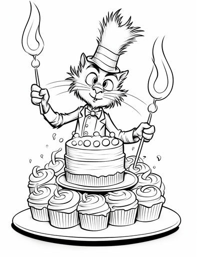 Birthday cake coloring page, inspired by the style of Dr. Seuss