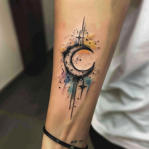 Sketch of mystical moon and stars tattoo with watercolor