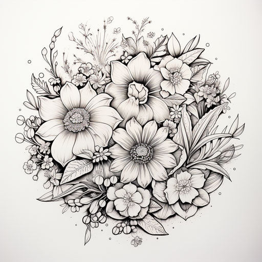 Ink drawing of feline-inspired floral motif, delicate lines