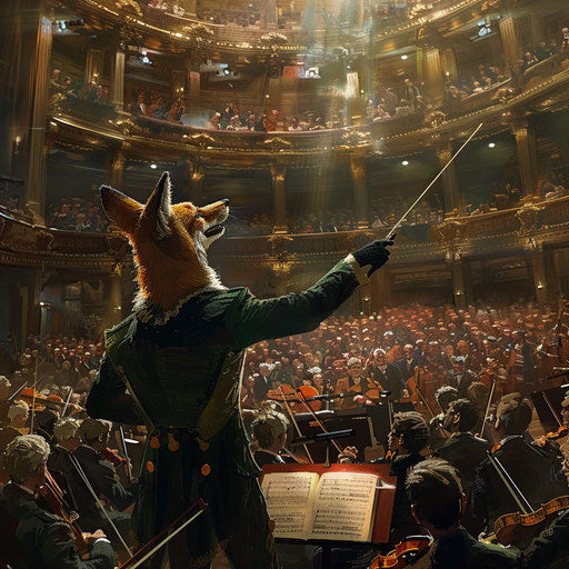 Coyote conducting an orchestra in a grand concert hall