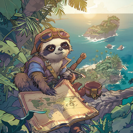 A sloth pirate searching for treasure on a tropical island