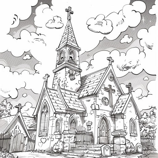 Humorous church scene with exaggerated features, coloring book