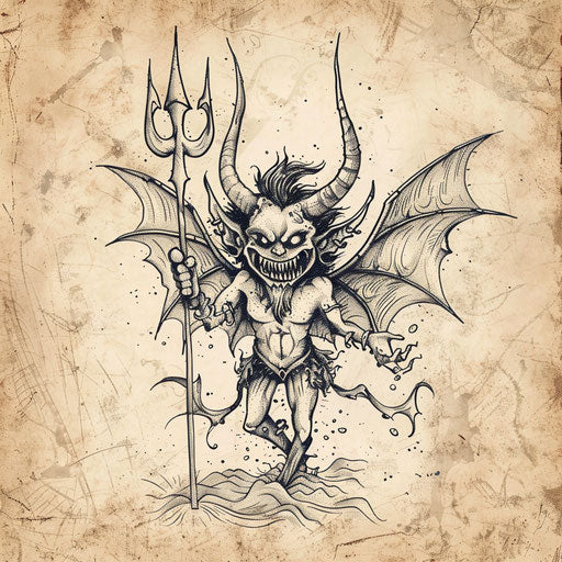 Whimsical flat tattoo sketch of Lucifer holding a trident and wearing a mischievous grin