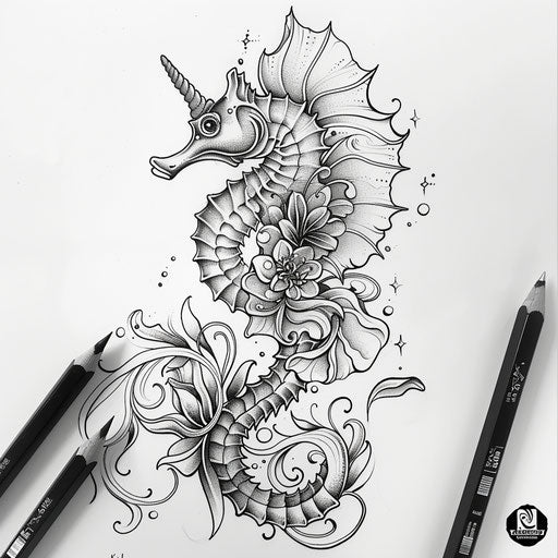 Art Nouveau inspired seahorse tattoo sketch with flowing lines and floral motifs
