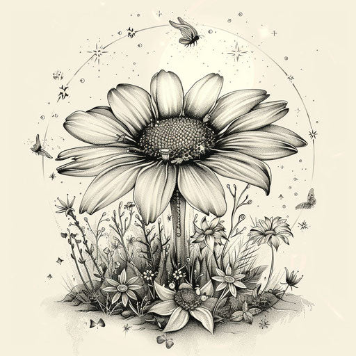 Fantasy tattoo sketch of a daisy in a fairy garden