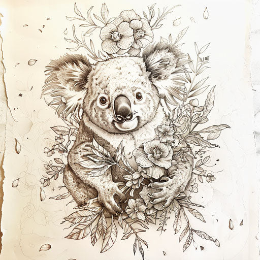 Vintage flat tattoo sketch of a koala with old-fashioned botanical illustrations