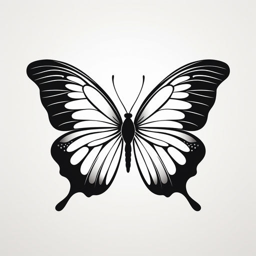 Black and white butterfly on white background, minimalist drawing style