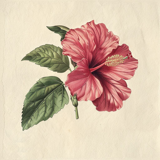Vintage botanical illustration of a hibiscus, stylized as a tattoo design, detailed on white vintage paper