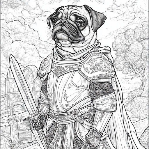 Pug dressed as a knight, Mark Schultz style, coloring page