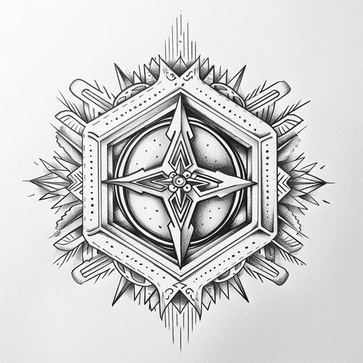 Flat tattoo sketch of a hexagon with tribal motifs