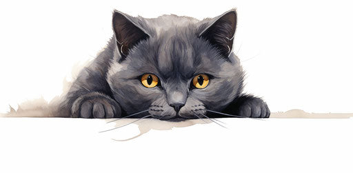 Grey cat with orange eyes on white background, dark purple and light indigo style, masculine 39:19