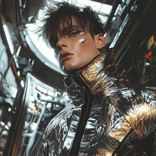 Bold male model in avant-garde high fashion