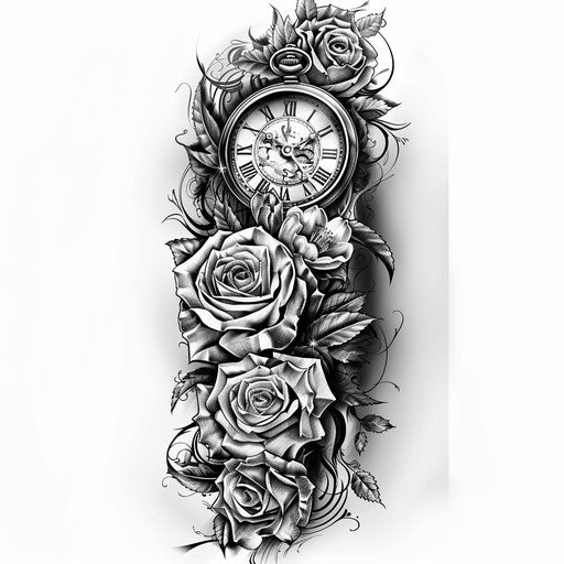 Tattoo sketch of a clock and roses in black and grey, full sleeve for men