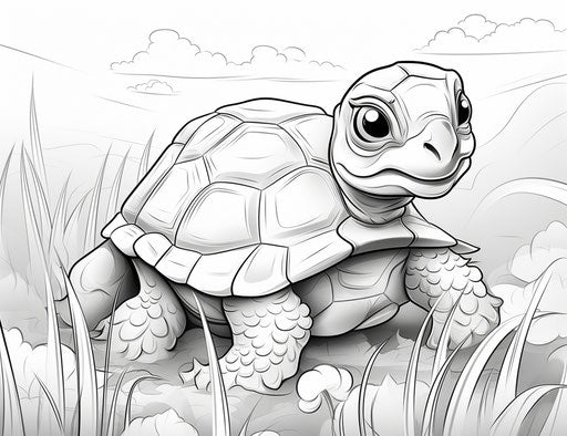 Coloring page of a cute turtle in a grassy field