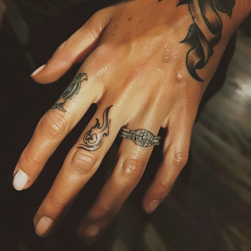 Wedding ring tattoo with small flame design
