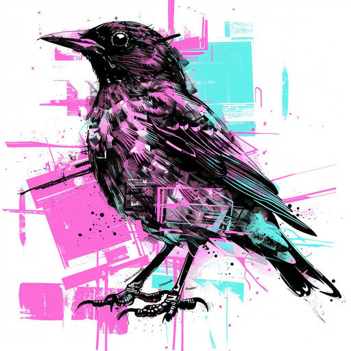 Modern tattoo sketch of a blackbird in clipart flat style with a digital glitch art effect in cyan and magenta