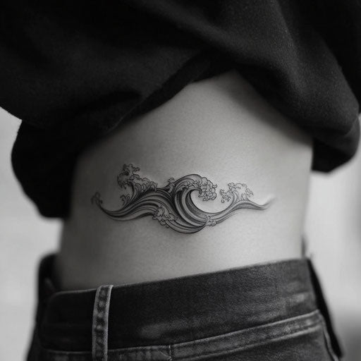 Side tattoos for women featuring minimalistic wave design along ribs