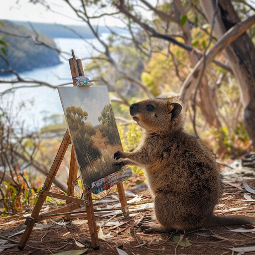 A quokka painting a landscape in front of a breathtaking view